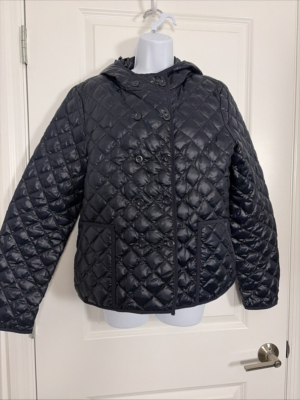J Crew Women Navy Hooded Double Breasted Diamond Quilted Down Jacket Lg
